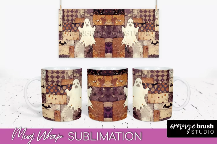 Ghost Mug Wrap - Patchwork Halloween Mug Sublimation