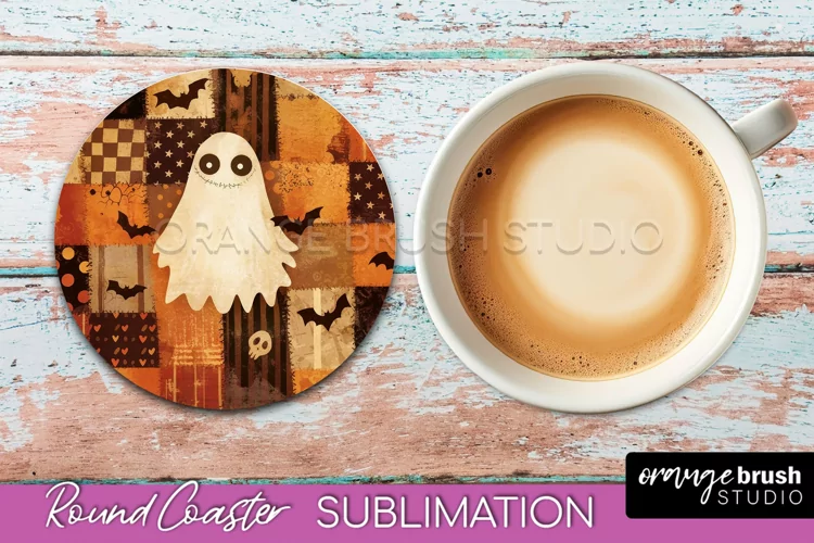 Ghost Coaster, Patchwork Halloween Round Coaster Sublimation