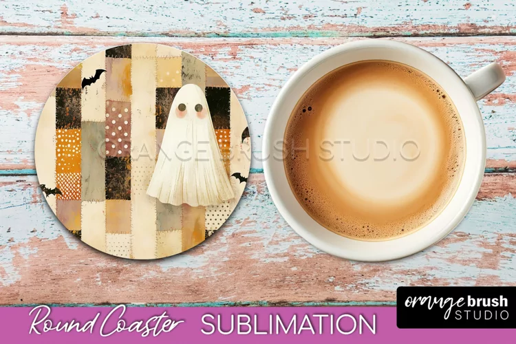 Ghost Coaster, Patchwork Halloween Round Coaster Sublimation