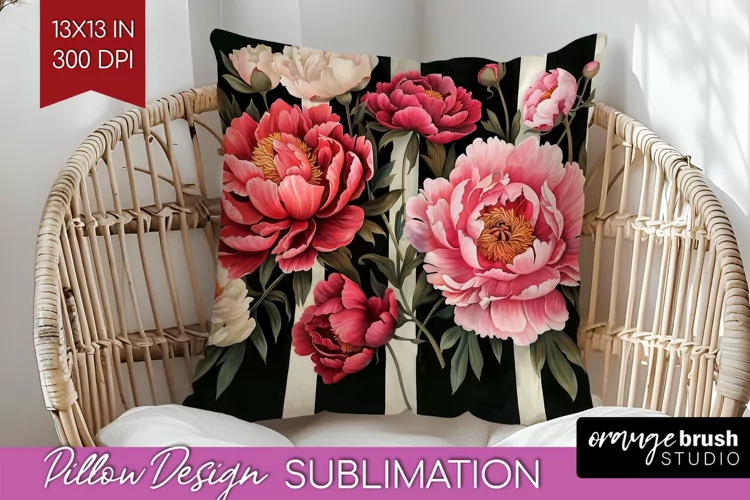 Peony Flowers Pillow Sublimation - Floral Pillow Cover PNG