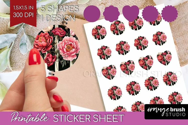 Peony Flowers Round Sticker - Floral Printable Sticker Sheet