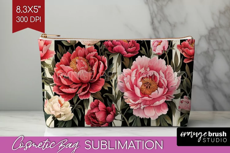Peony Flowers Cosmetic Bag - Floral Makeup Bag PNG