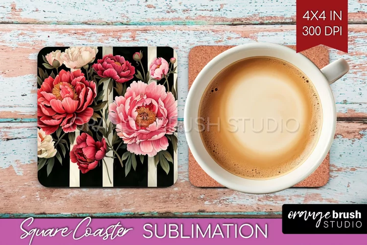 Peony Flowers Square Coaster - Floral Coaster PNG