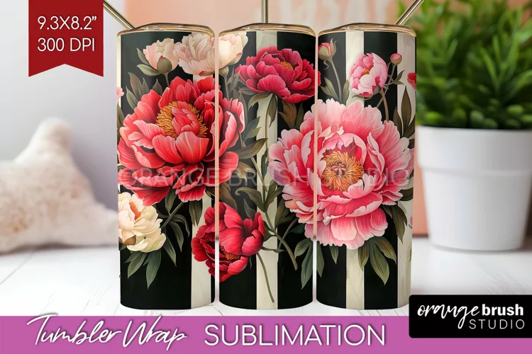Peony Flowers Tumbler Wrap - Floral Tumbler PNG Sublimation