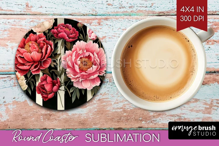 Peony Flowers Round Coaster - Floral Coaster PNG Sublimation