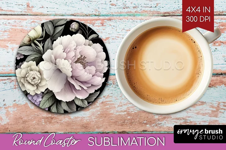Peony Flowers Round Coaster - Floral Coaster PNG Sublimation