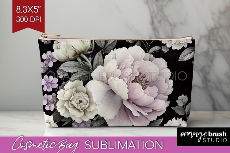 Peony Flowers Cosmetic Bag - Floral Makeup Bag PNG example image 1