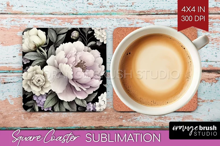 Peony Flowers Square Coaster - Floral Coaster PNG