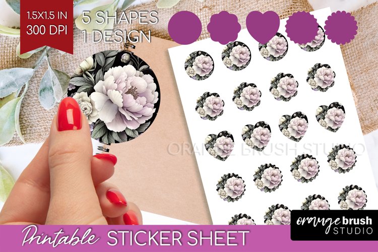 Peony Flowers Round Sticker - Floral Printable Sticker Sheet example image 1