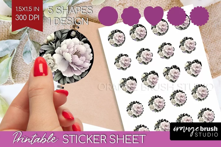 Peony Flowers Round Sticker - Floral Printable Sticker Sheet