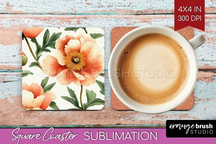 Peony Flowers Square Coaster - Floral Coaster PNG