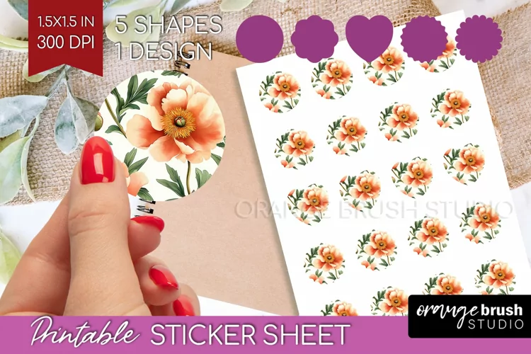Peony Flowers Round Sticker - Floral Printable Sticker Sheet