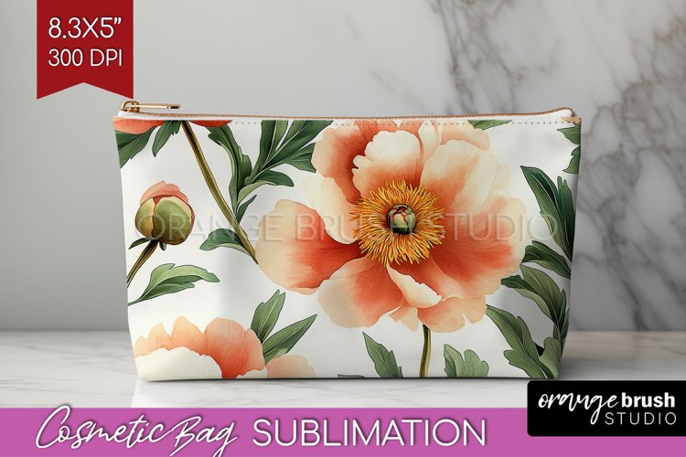 Peony Flowers Cosmetic Bag - Floral Makeup Bag PNG example image 1