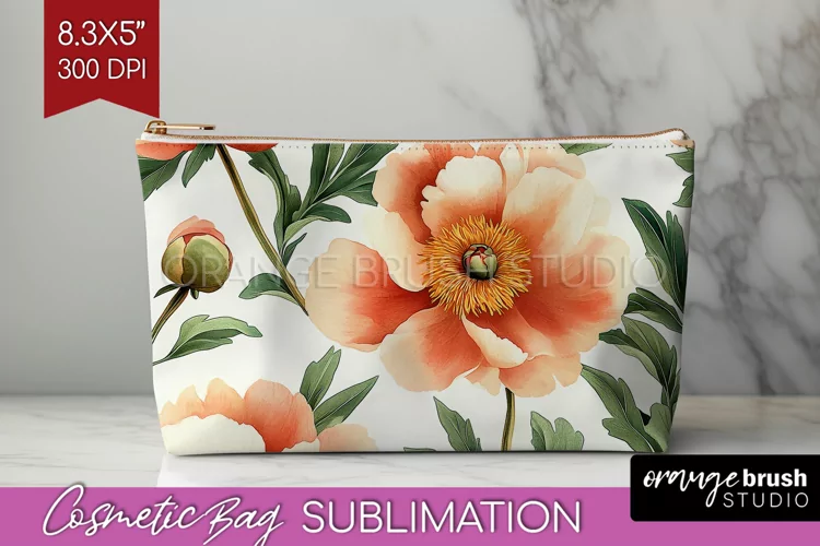 Peony Flowers Cosmetic Bag - Floral Makeup Bag PNG