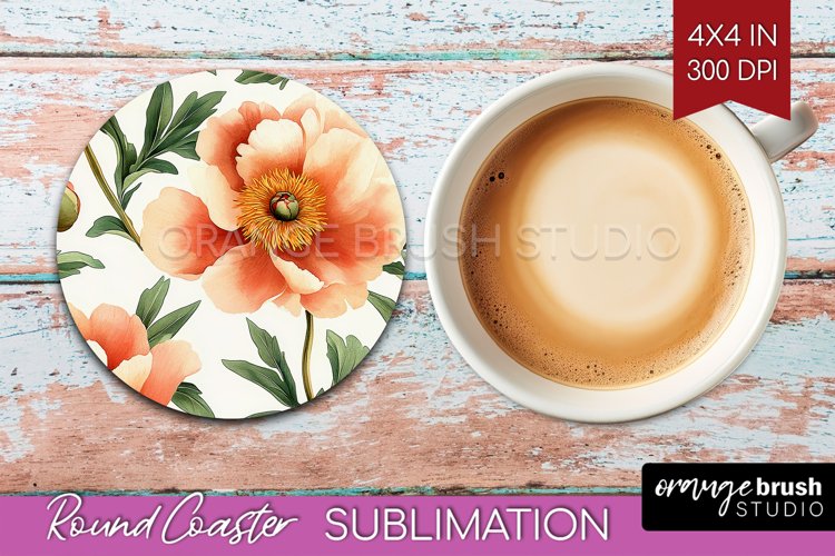 Peony Flowers Round Coaster - Floral Coaster PNG Sublimation example image 1