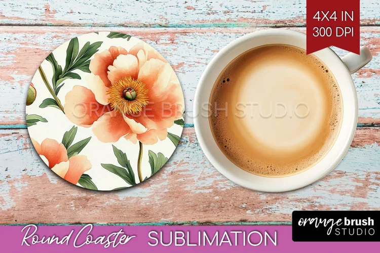 Peony Flowers Round Coaster - Floral Coaster PNG Sublimation