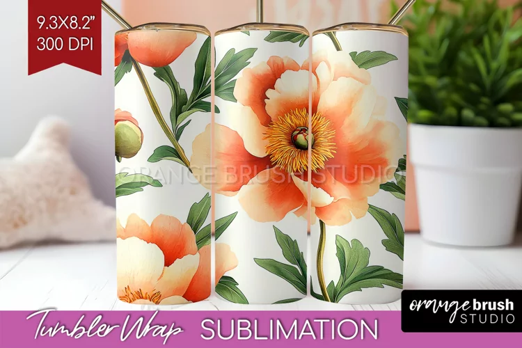 Peony Flowers Tumbler Wrap - Floral Tumbler PNG Sublimation