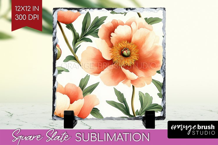 Peony Flowers Slate PNG - Floral Square Slate Sublimation