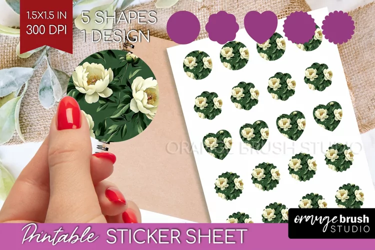 Peony Flowers Round Sticker - Floral Printable Sticker Sheet