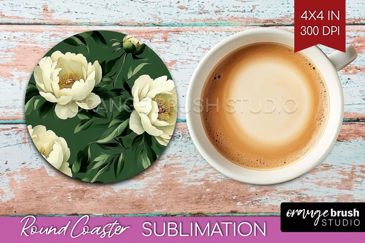 Peony Flowers Round Coaster - Floral Coaster PNG Sublimation