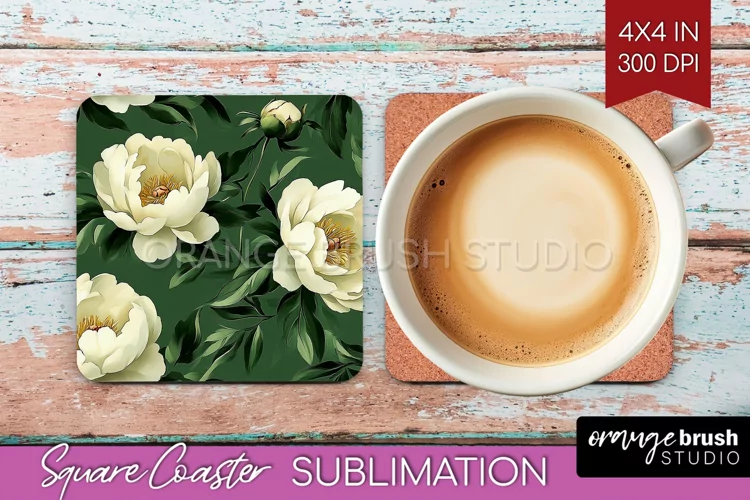 Peony Flowers Square Coaster - Floral Coaster PNG