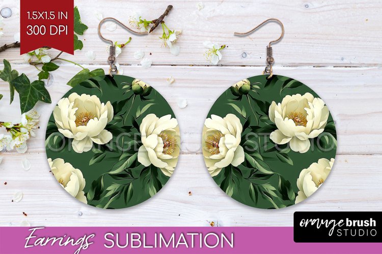 Peony Flowers Round Earrings - Floral PNG Sublimation