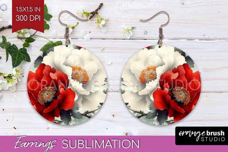 Peony Flowers Round Earrings - Floral PNG Sublimation