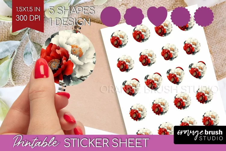 Peony Flowers Round Sticker - Floral Printable Sticker Sheet