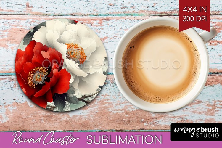 Peony Flowers Round Coaster - Floral Coaster PNG Sublimation example image 1