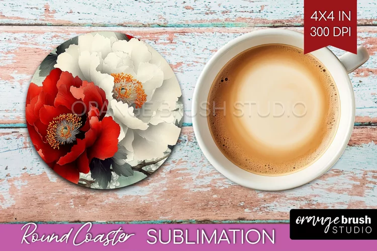 Peony Flowers Round Coaster - Floral Coaster PNG Sublimation