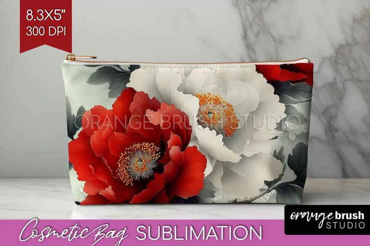 Peony Flowers Cosmetic Bag - Floral Makeup Bag PNG