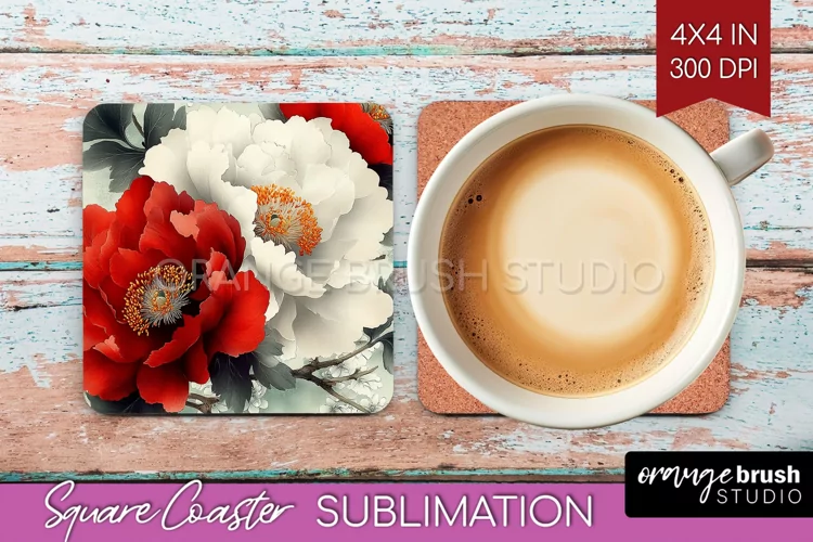Peony Flowers Square Coaster - Floral Coaster PNG