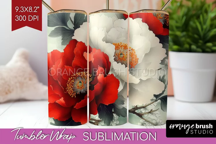 Peony Flowers Tumbler Wrap - Floral Tumbler PNG Sublimation