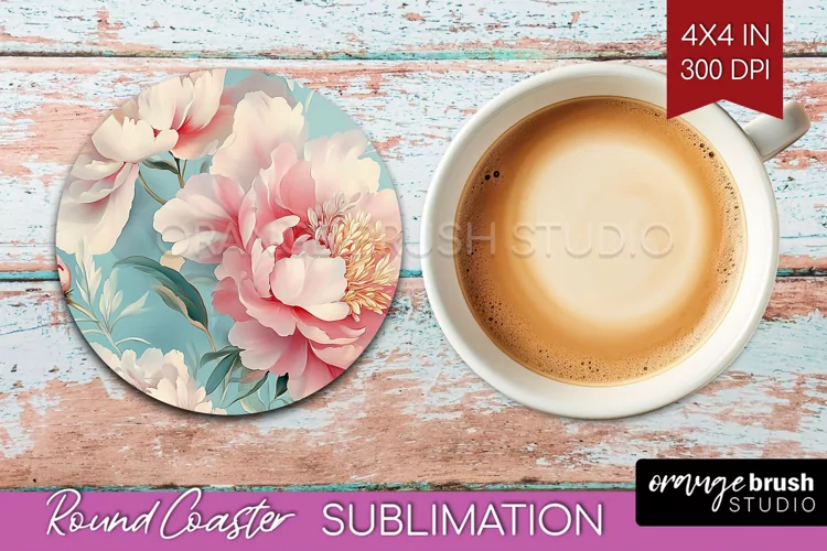 Peony Flowers Round Coaster - Floral Coaster PNG Sublimation