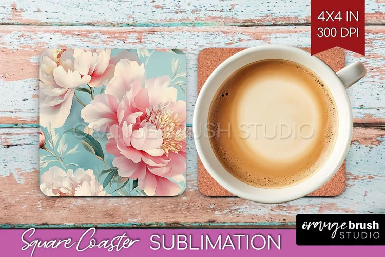 Peony Flowers Square Coaster - Floral Coaster PNG