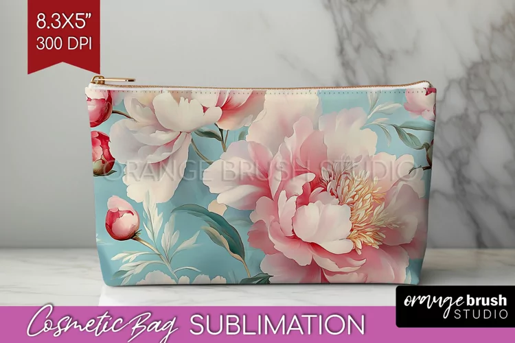 Peony Flowers Cosmetic Bag - Floral Makeup Bag PNG