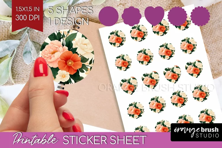 Peony Flowers Round Sticker - Floral Printable Sticker Sheet