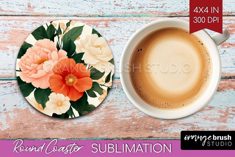 Peony Flowers Round Coaster - Floral Coaster PNG Sublimation example image 1