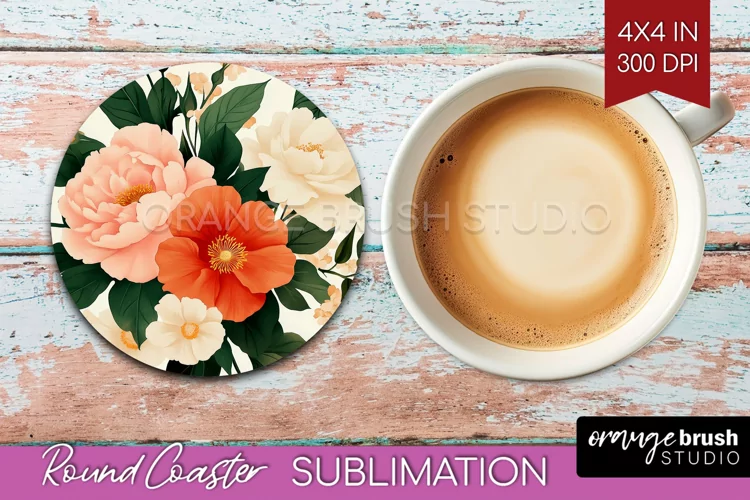 Peony Flowers Round Coaster - Floral Coaster PNG Sublimation
