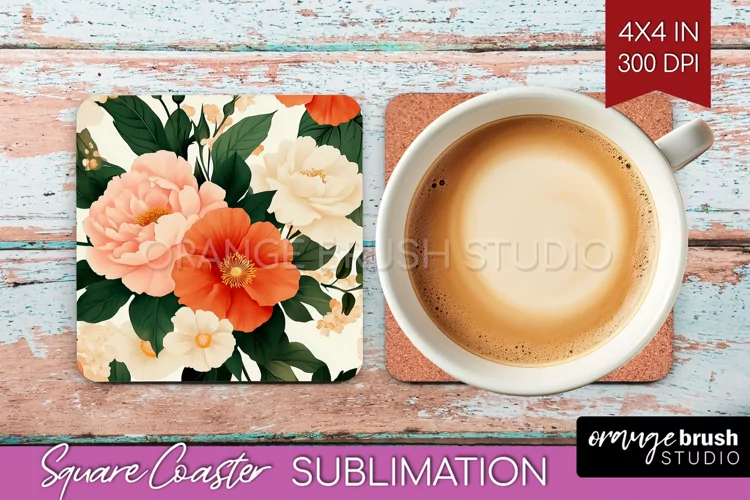 Peony Flowers Square Coaster - Floral Coaster PNG