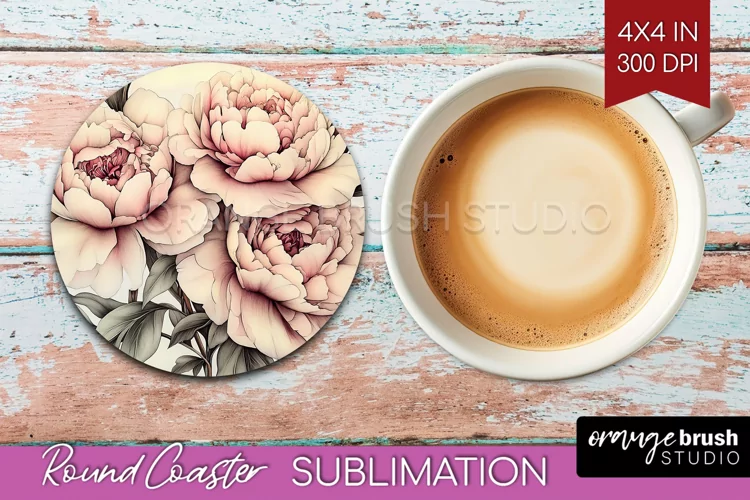 Peony Flowers Round Coaster - Floral Coaster PNG Sublimation