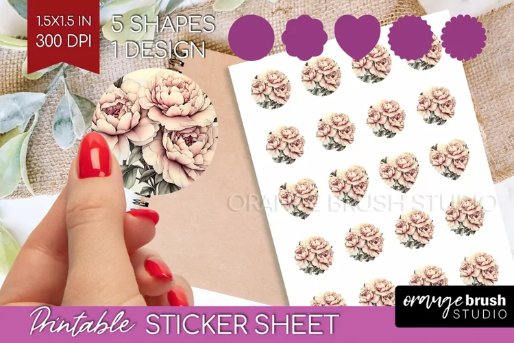 Peony Flowers Round Sticker - Floral Printable Sticker Sheet