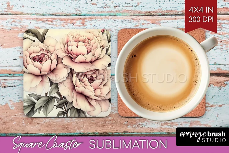 Peony Flowers Square Coaster - Floral Coaster PNG