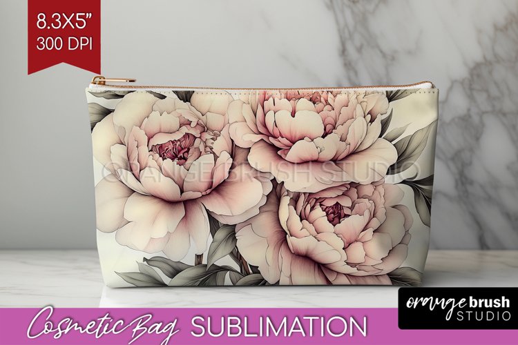 Peony Flowers Cosmetic Bag - Floral Makeup Bag PNG example image 1