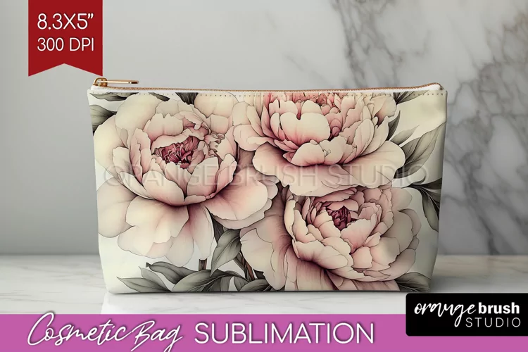 Peony Flowers Cosmetic Bag - Floral Makeup Bag PNG