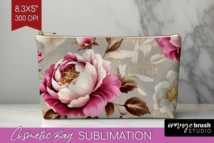 Peony Flowers Cosmetic Bag - Floral Makeup Bag PNG