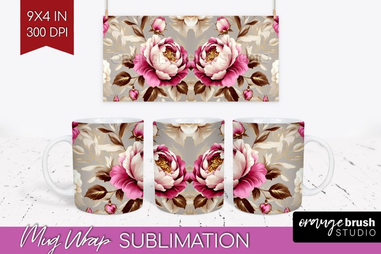 Peony Flowers Mug Wrap - Floral Mug PNG Sublimation