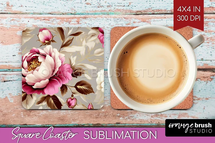 Peony Flowers Square Coaster - Floral Coaster PNG