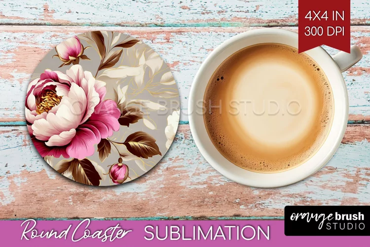 Peony Flowers Round Coaster - Floral Coaster PNG Sublimation