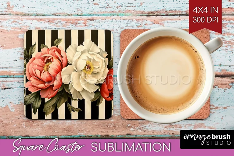 Peony Flowers Square Coaster - Floral Coaster PNG
